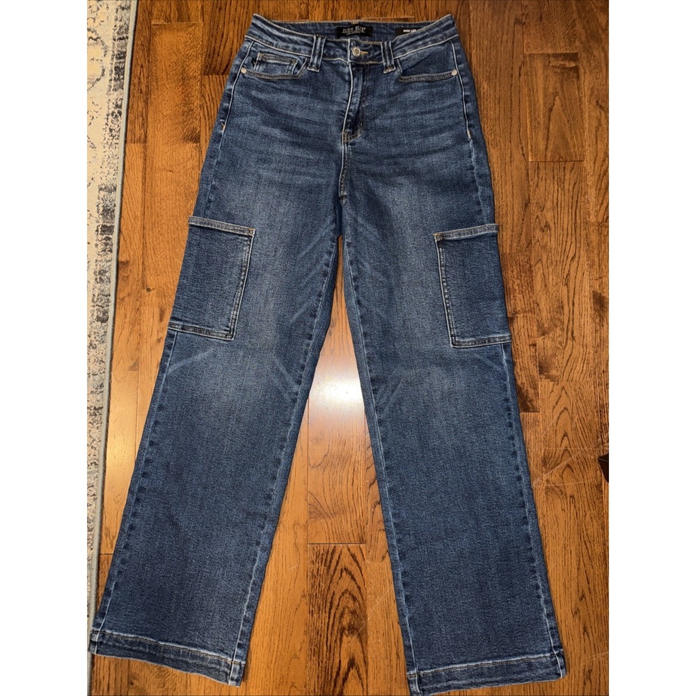Judy Blue Wide Leg Cargo Jeans Womens 27/5 Med Wash Solid Stretch Utility Denim